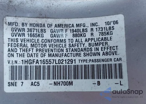 2007 Honda Civic Lx from USA, damaged, VIN 1HGFA16557L021291